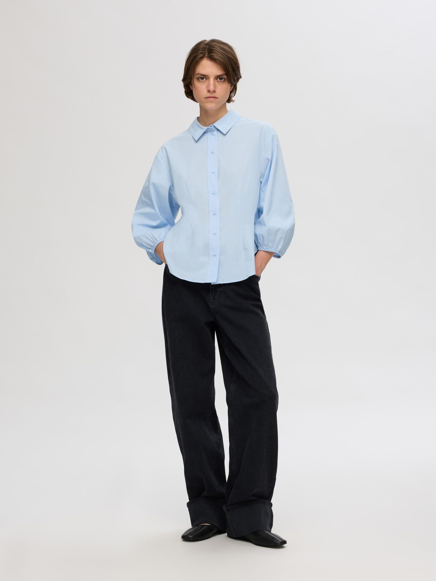 KATOENEN SHIRT MET 3/4 MOUWEN, Cashmere Blue, highres