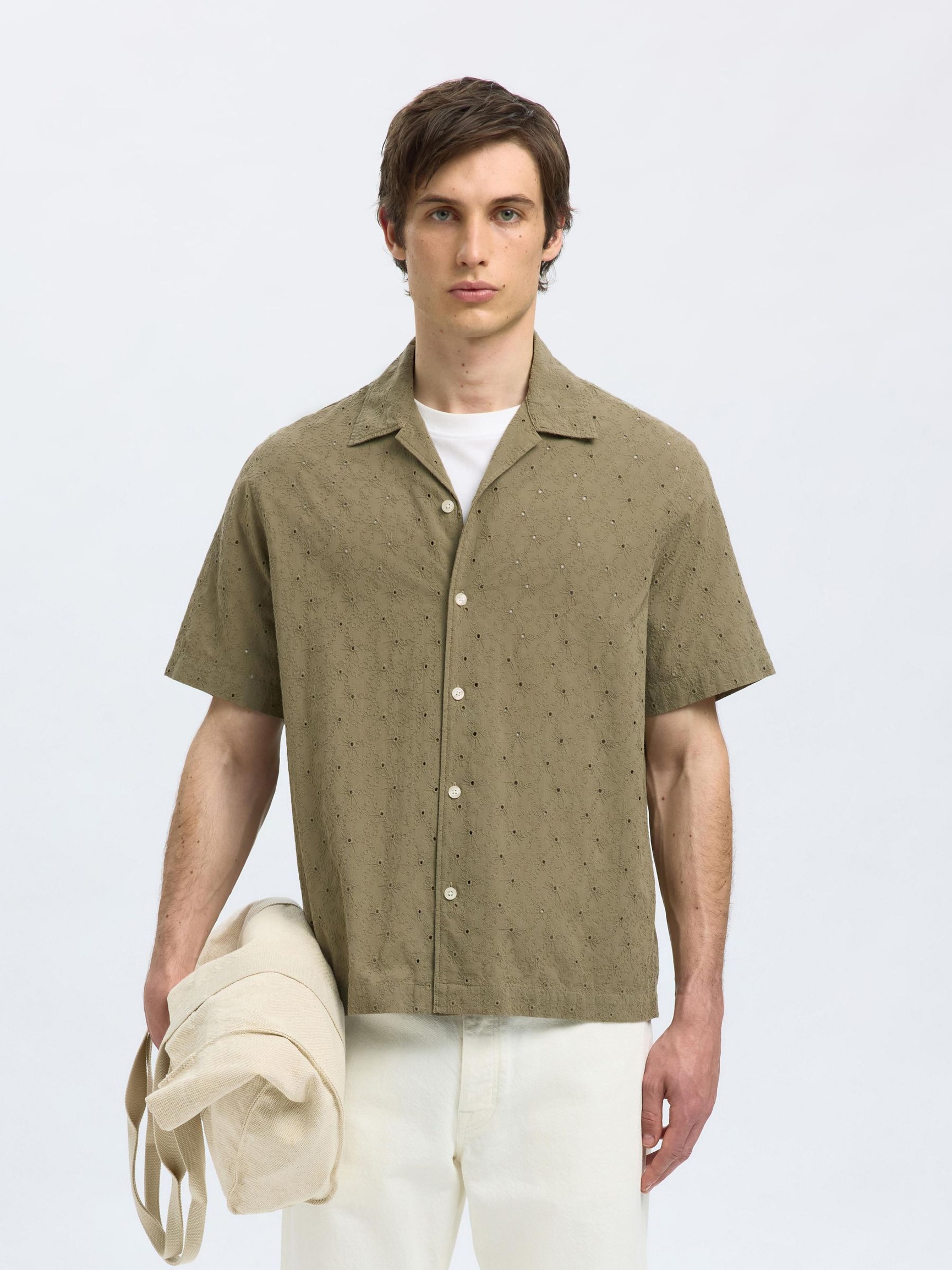 BRODERIE ANGLAISE OVERHEMD MET KORTE MOUWEN, Vetiver, highres