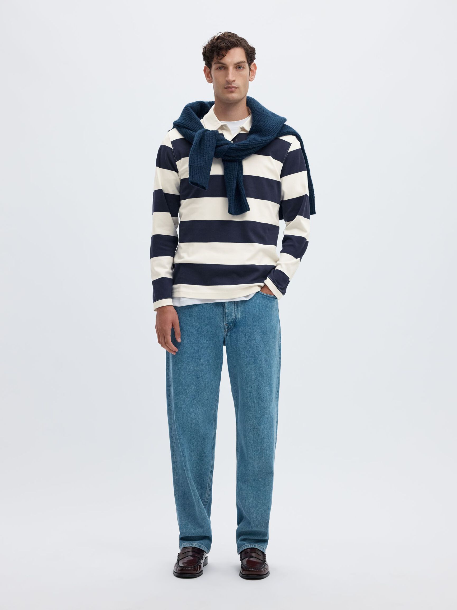 STRIPED COTTON LONG-SLEEVED POLO, Navy Blazer, highres