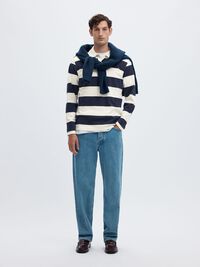 STRIPED COTTON LONG-SLEEVED POLO, Navy Blazer, highres
