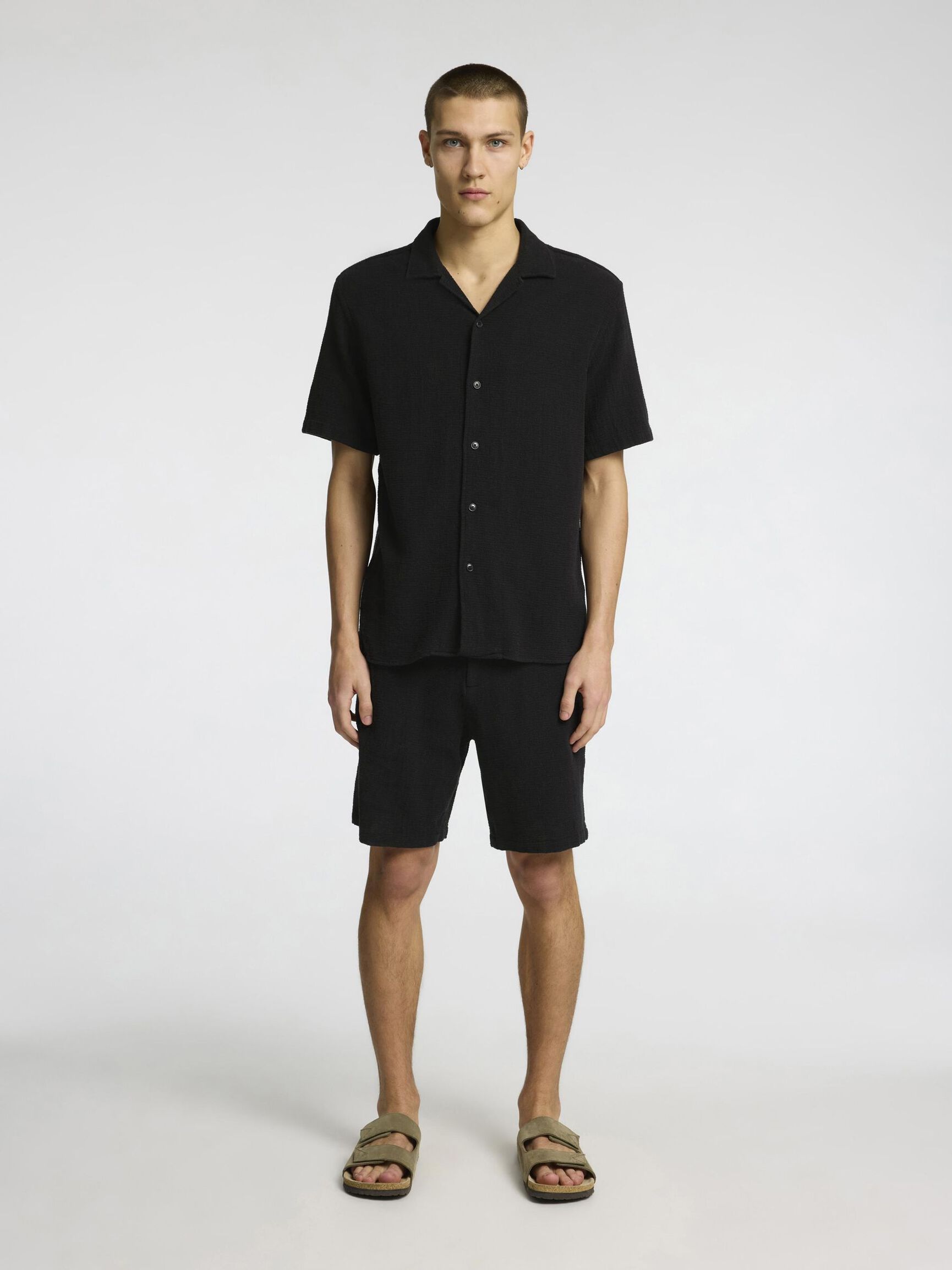 EN COTON RAYÉ SHORT, Black, highres