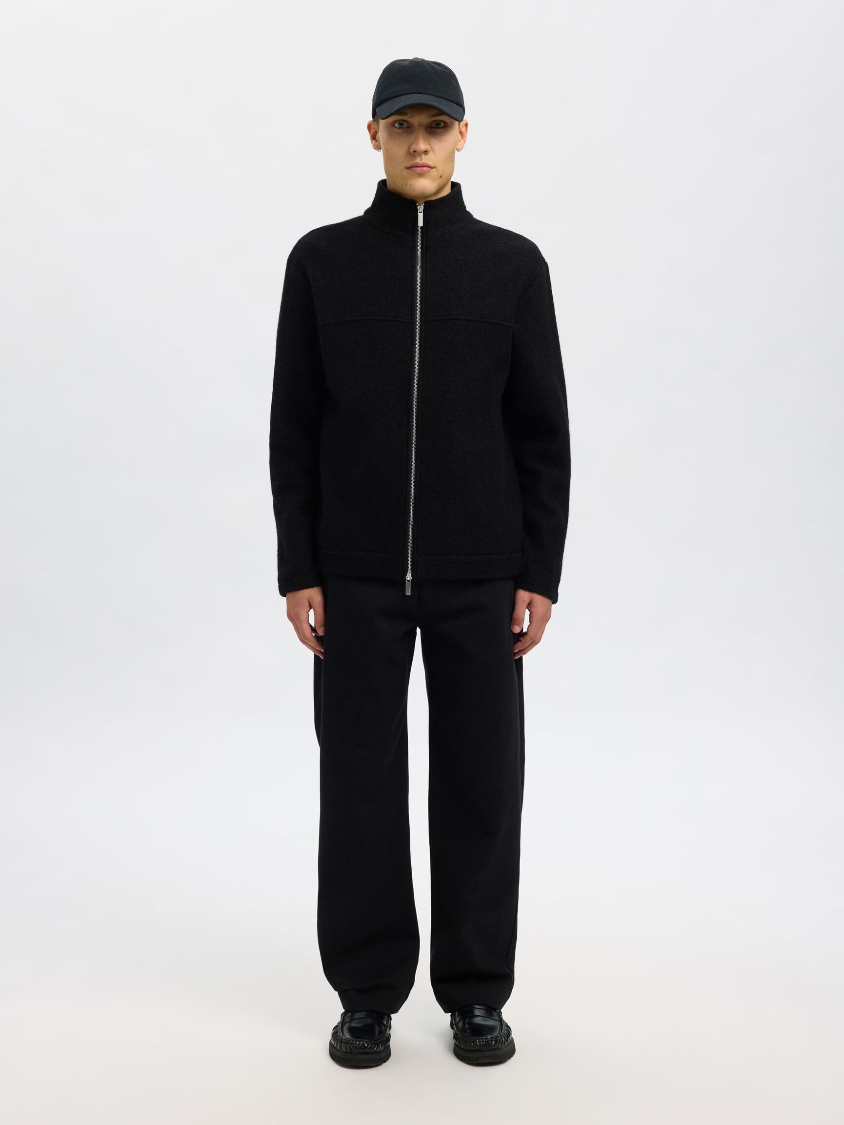 100% WOLL STRICKJACKE MIT REISSVERSCHLUSS, Black, highres