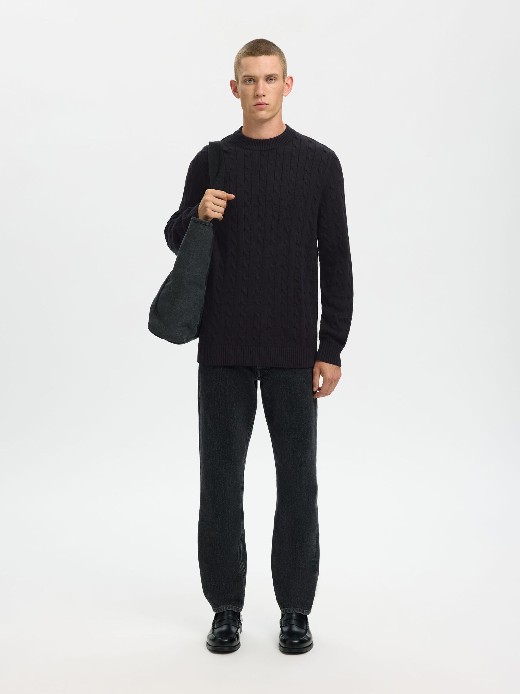 CABLE KNIT KNITTED JUMPER, Black, highres