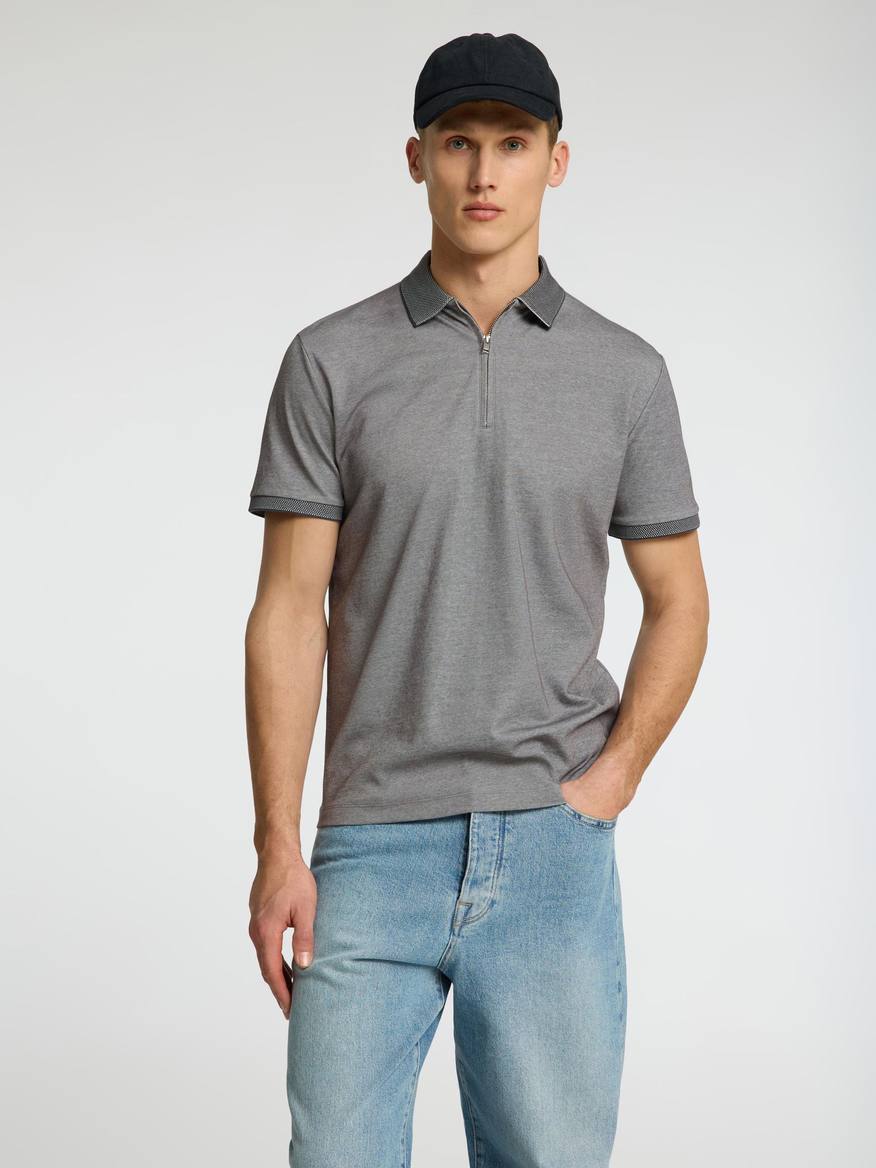 ZIPPER KNITTED POLO SHIRT, Medium Grey Melange, highres