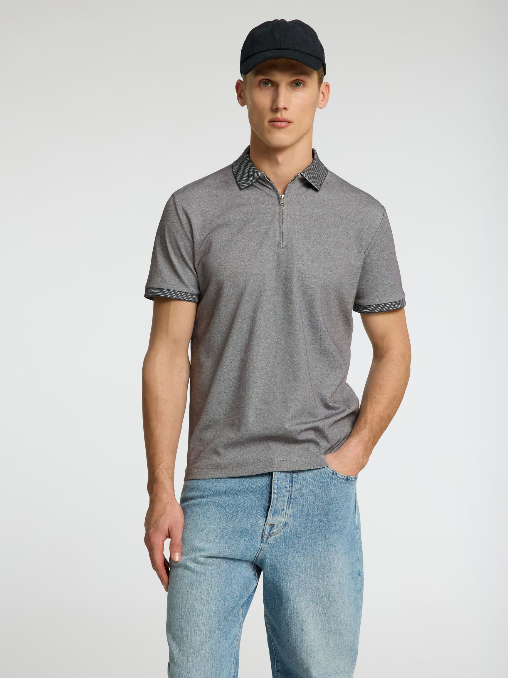 ZIPPER POLO SHIRT, Medium Grey Melange, highres