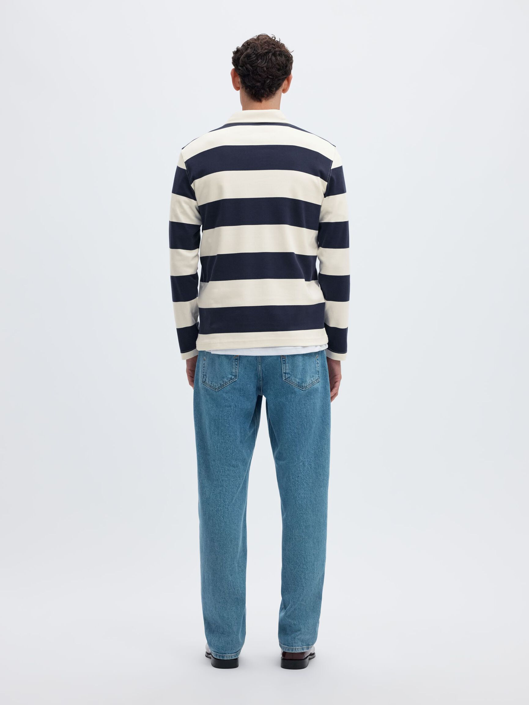 STRIPED COTTON LONG-SLEEVED POLO, Navy Blazer, highres