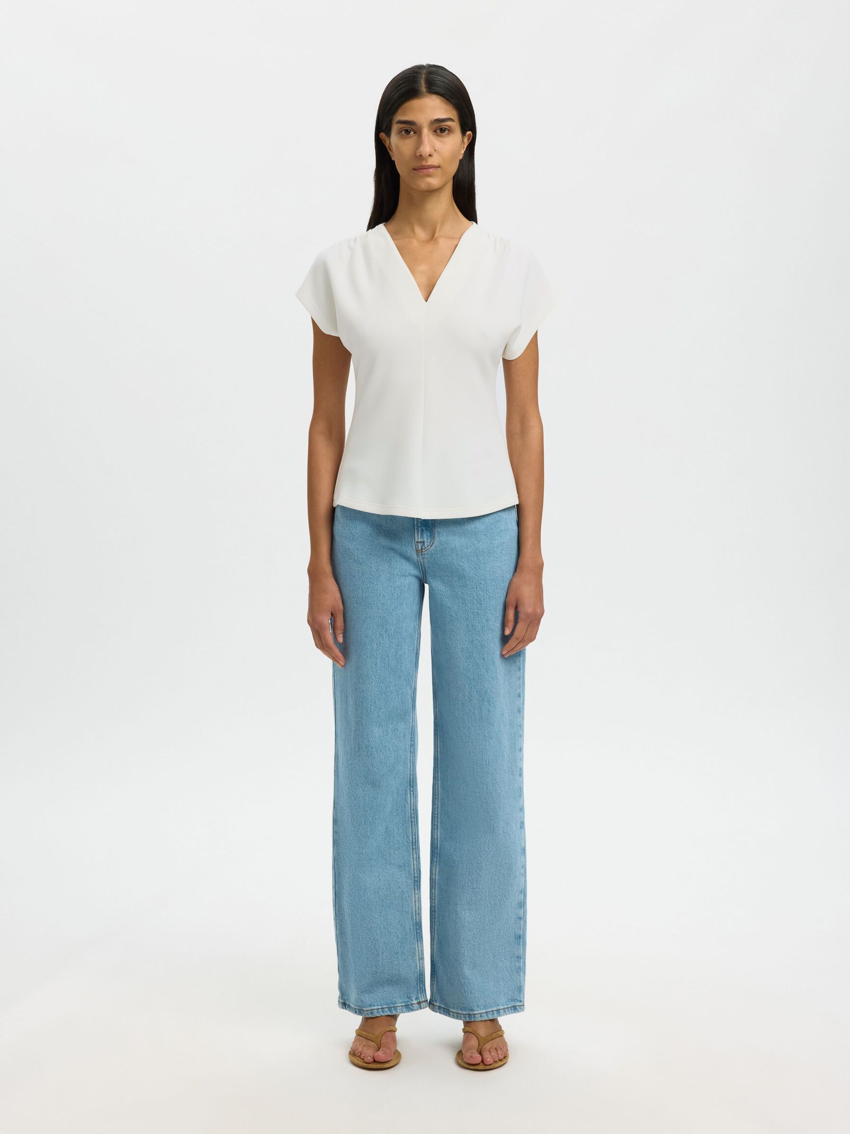 GATHERED V-NECK TOP, Snow White, highres