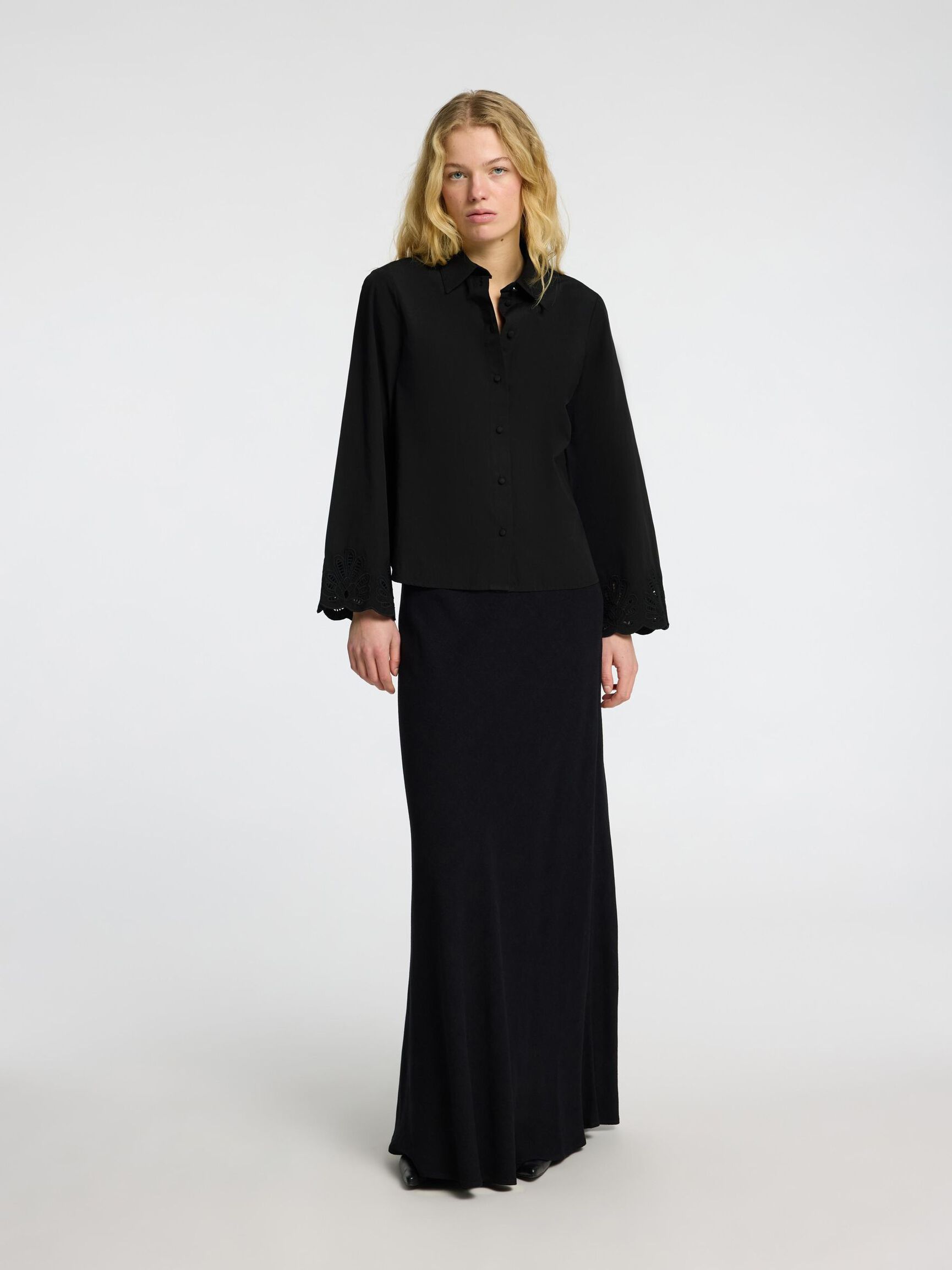 BRODERIE ANGLAISE LONG SLEEVED SHIRT, Black, highres