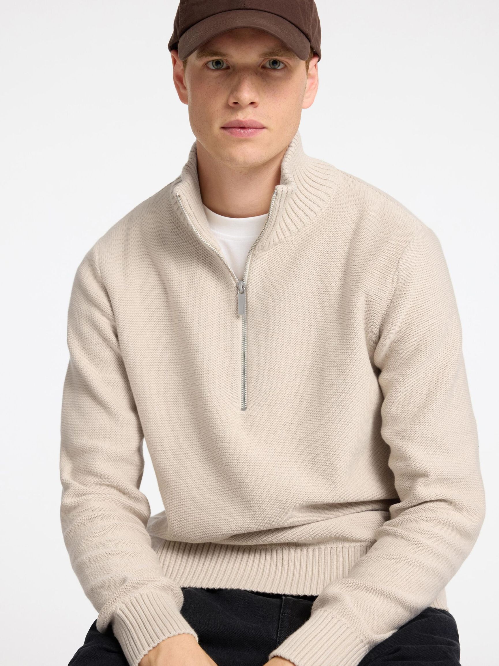 HALF-ZIP PULLOVER, Oatmeal, highres