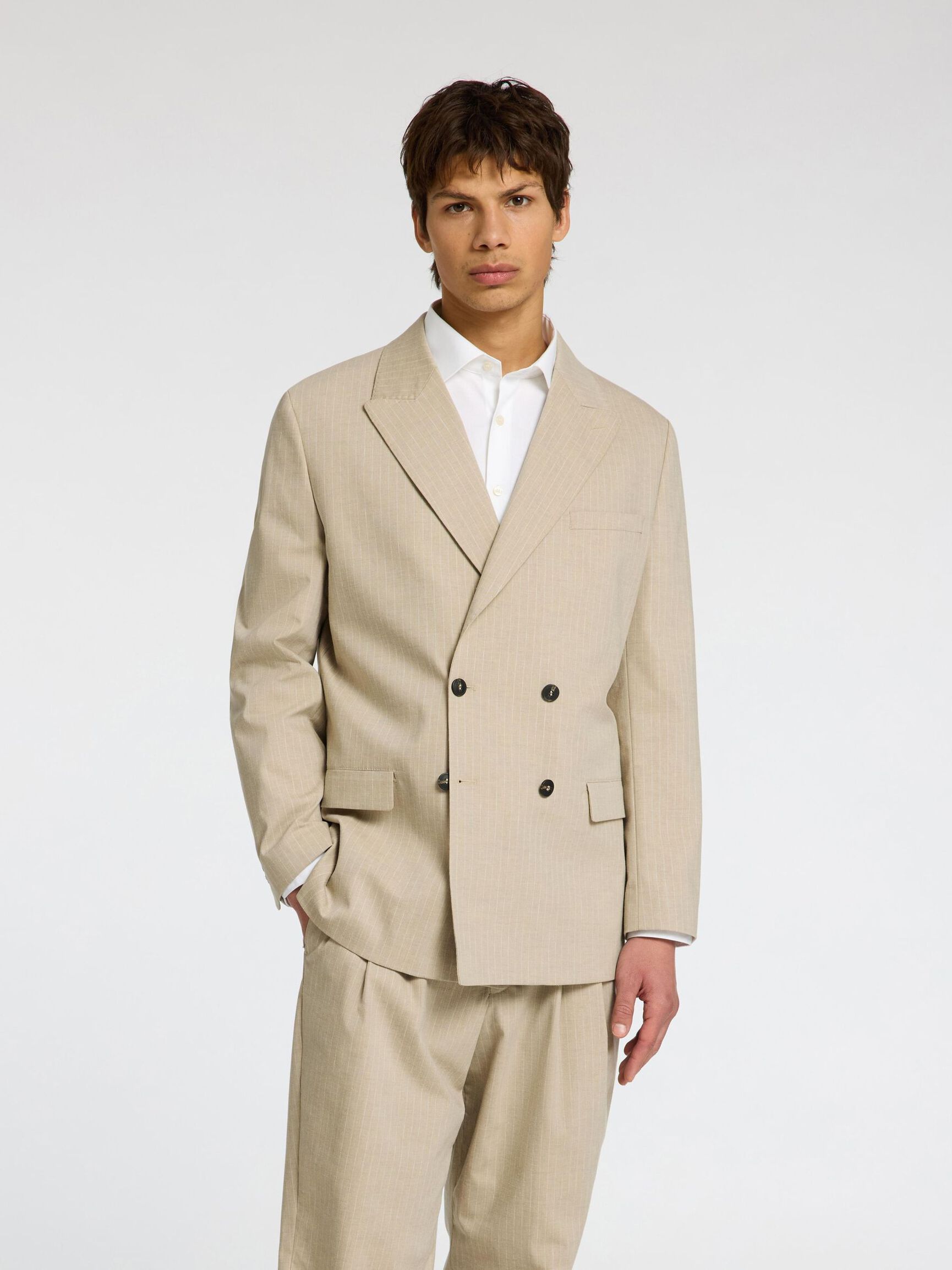 RELAXED FIT PINSTRIPE DOUBLE-BREASTED BLAZER, Sand, highres