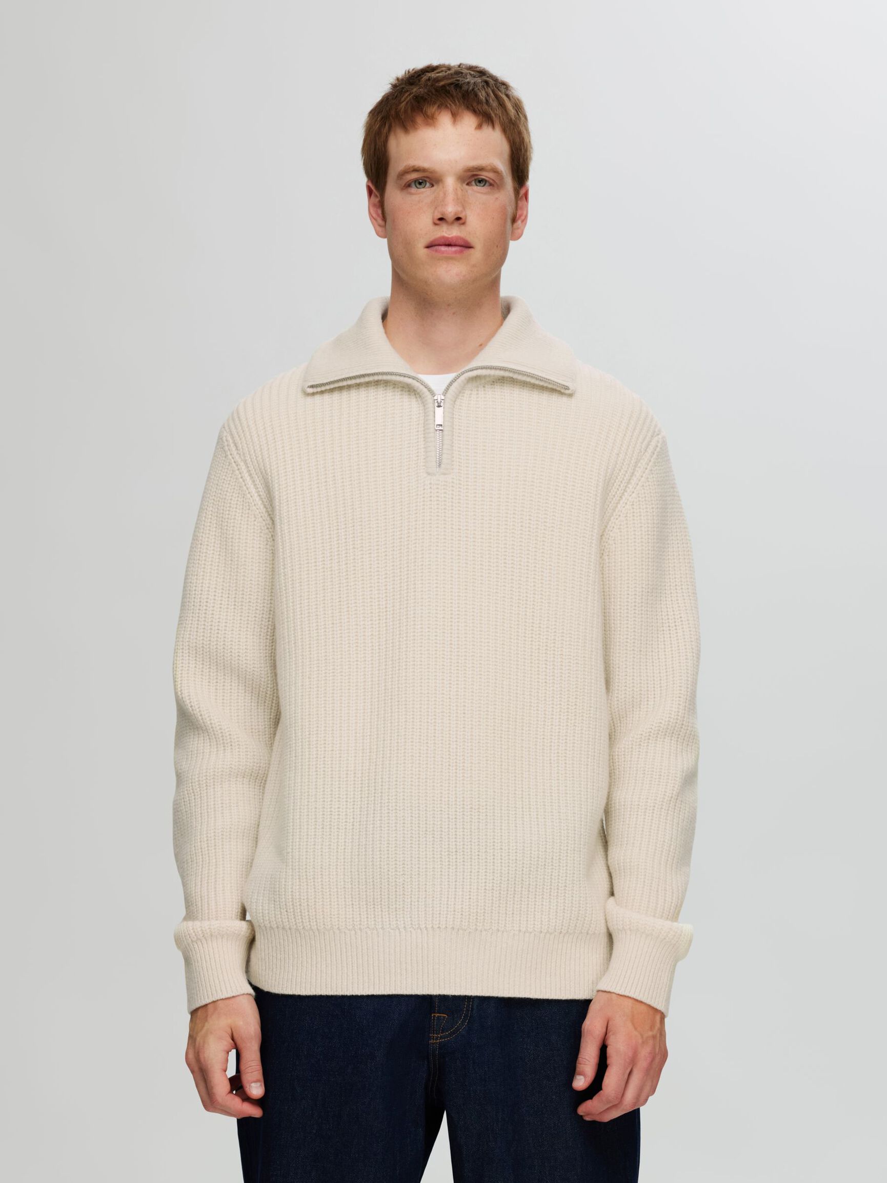 WOLLGEMISCH STRICK HALF-ZIP PULLOVER, Tofu, highres