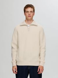WOLLGEMISCH STRICK HALF-ZIP PULLOVER, Tofu, highres