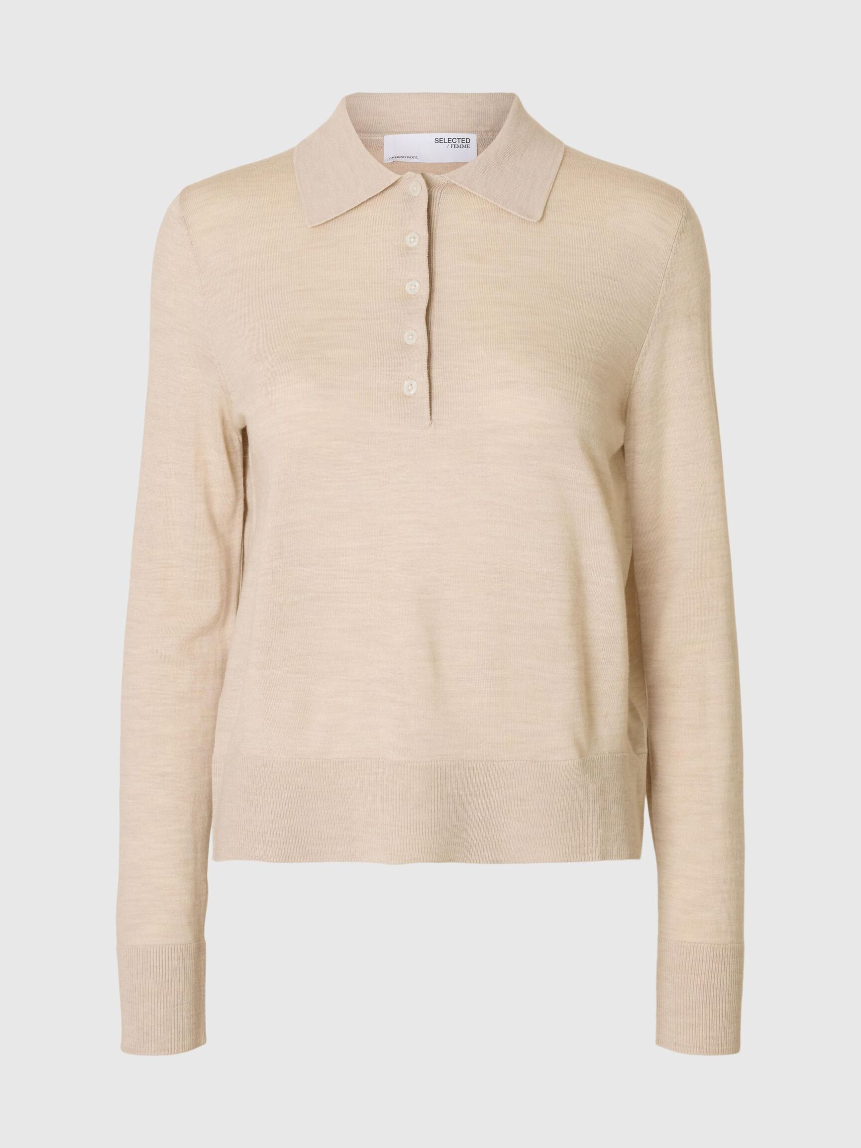 100% MERINOULD STRIKKET POLOSHIRT, Oatmeal, highres
