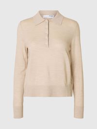 100% MERINOULD STRIKKET POLOSHIRT, Oatmeal, highres