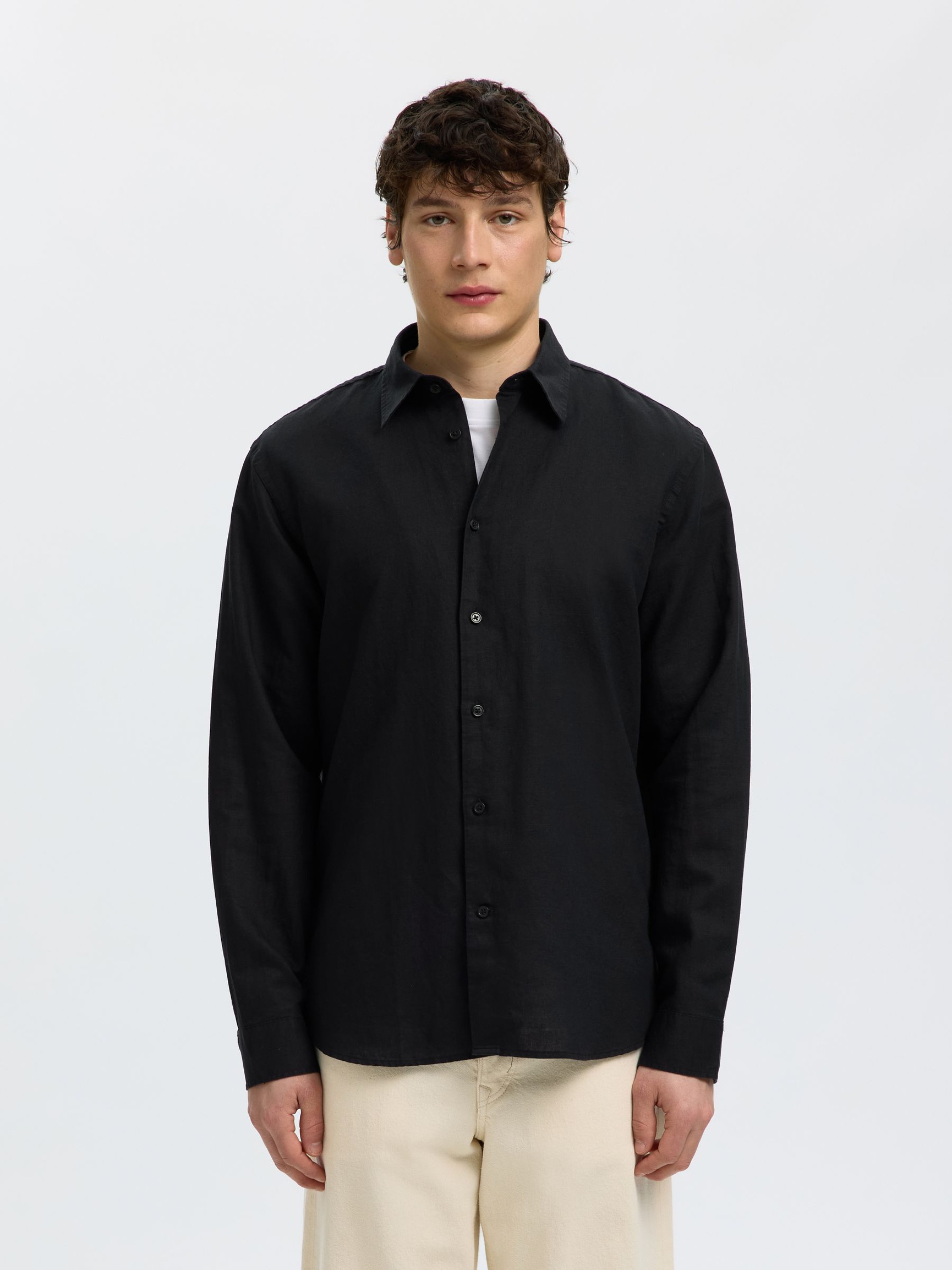 REGULAR FIT LINEN-BLEND SHIRT, Black, highres