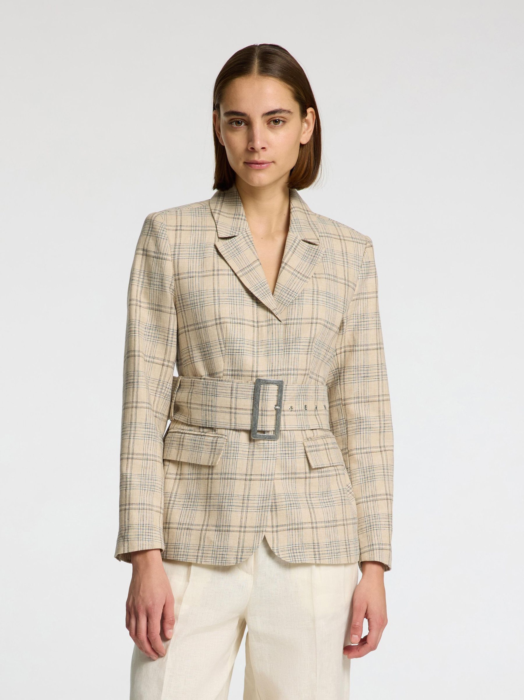LINBLANDING RUTETE BLAZER MED FIGURNÆR PASSFORM, Bleached Sand, highres