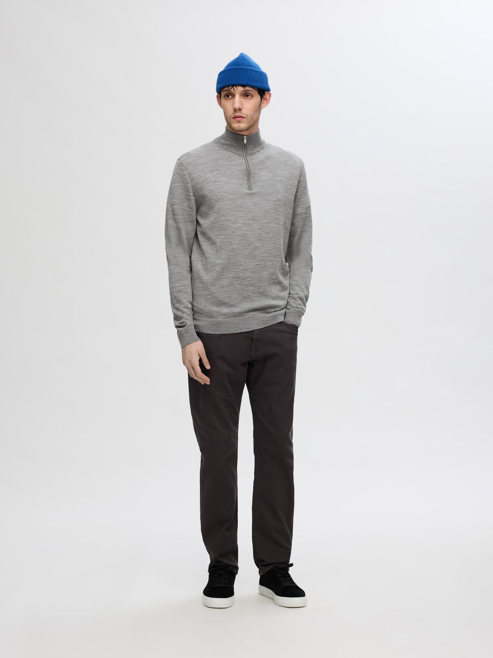 100% MERINO WOOL HALF-ZIP JUMPER, Medium Grey Melange, highres