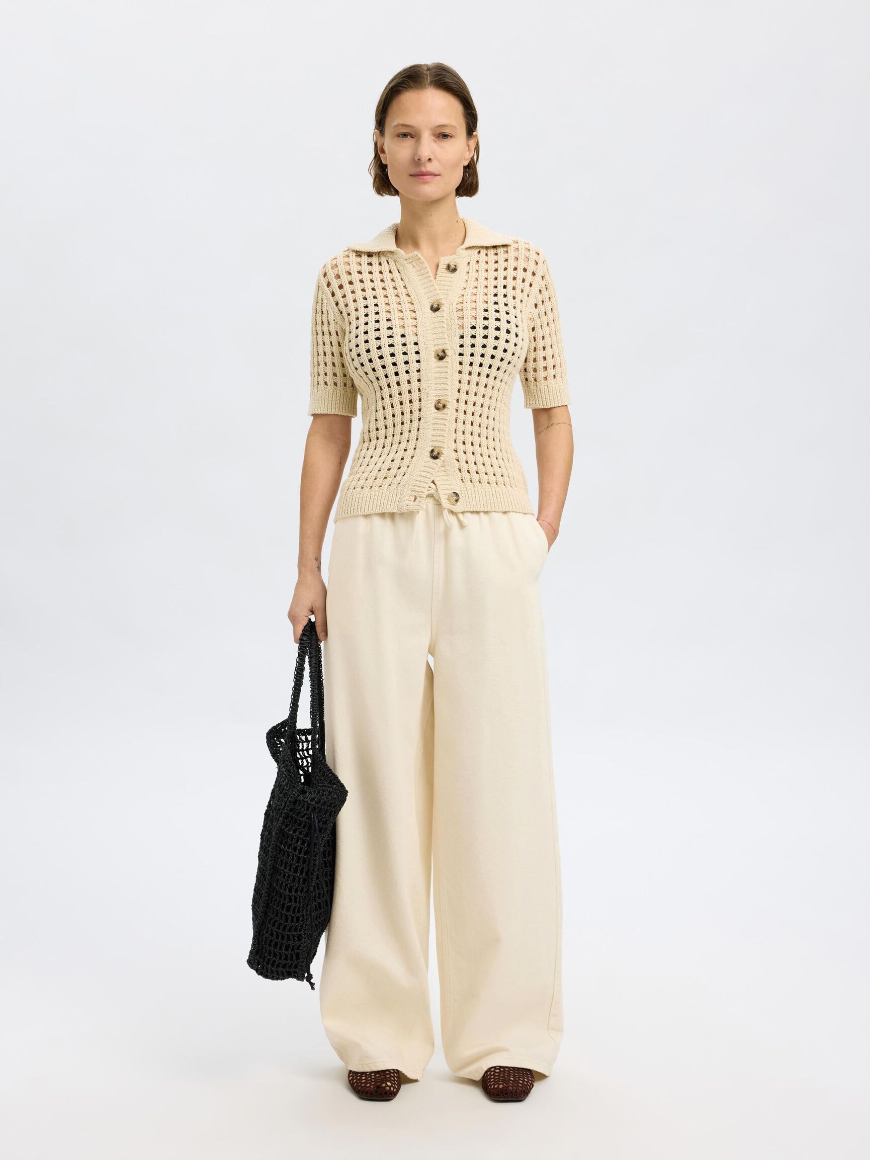 COTTON BLEND WIDE-LEG TROUSERS, Ecru, highres