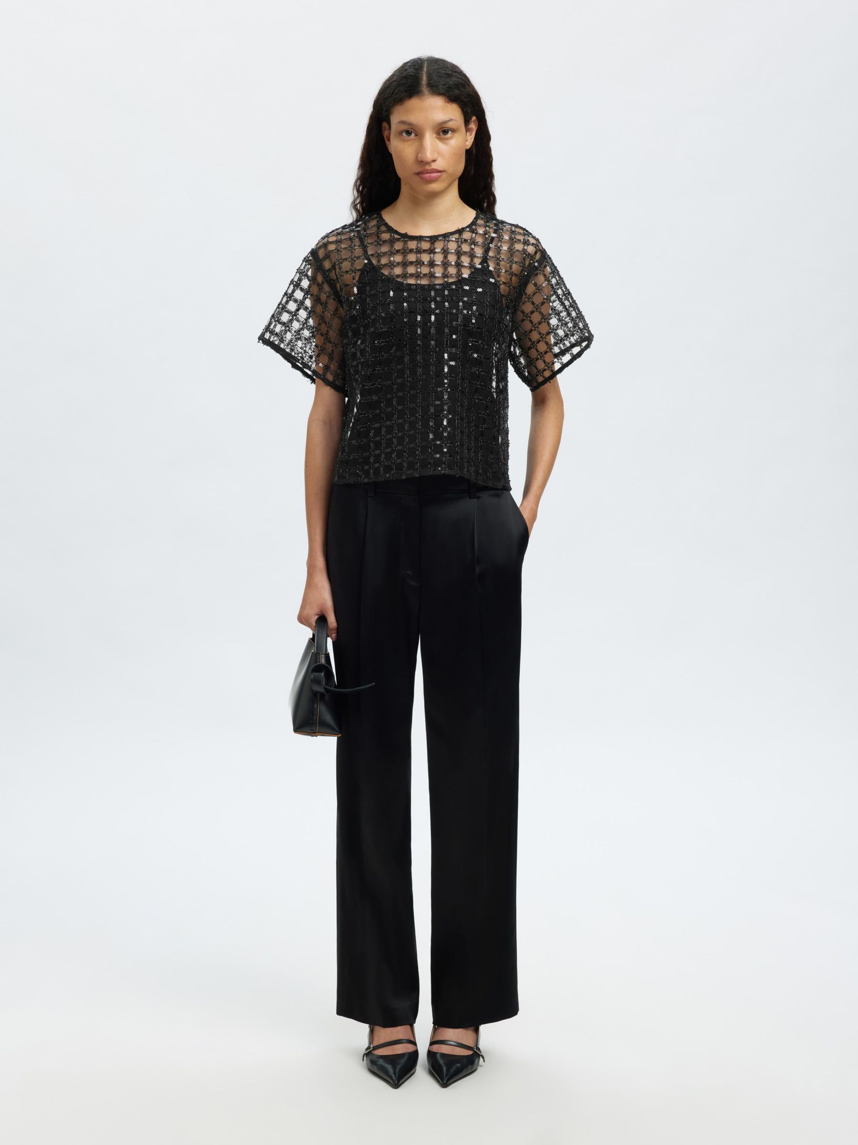 PAILLETTEN TOP MET KORTE MOUWEN, Black, highres