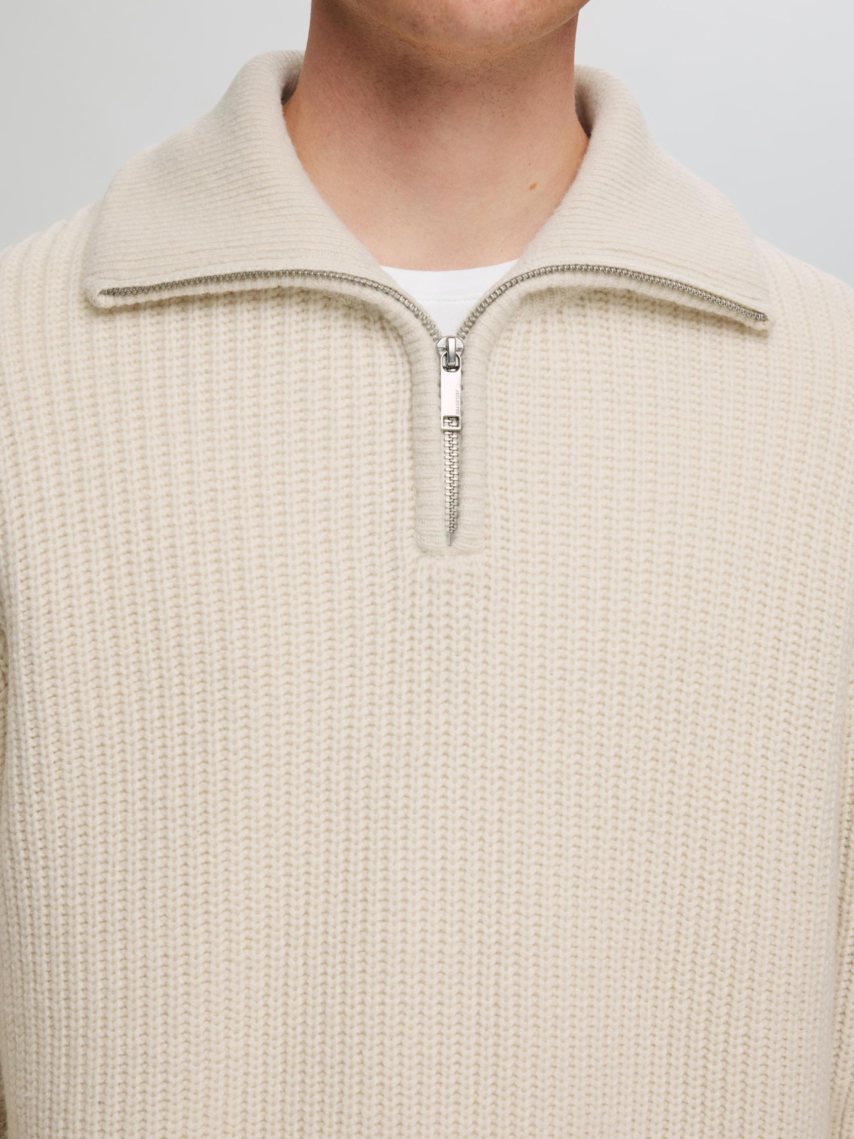 WOLLGEMISCH STRICK HALF-ZIP PULLOVER, Tofu, highres