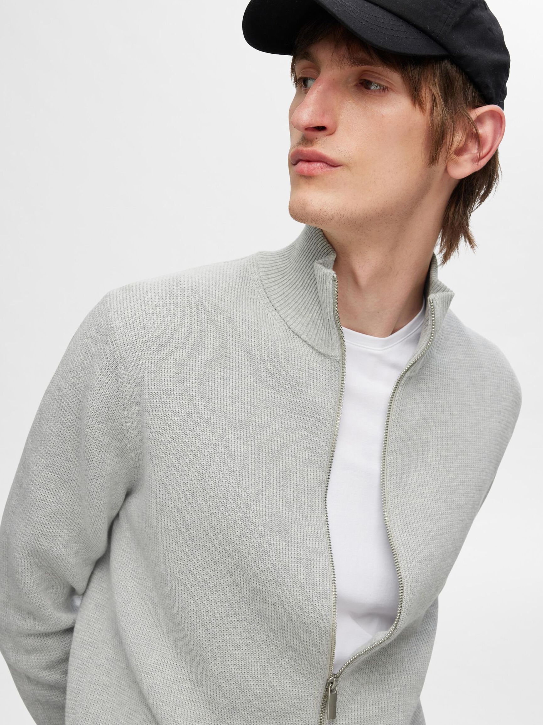 ZIPPED HIGH NECK KNITTED CARDIGAN, Light Grey Melange, highres