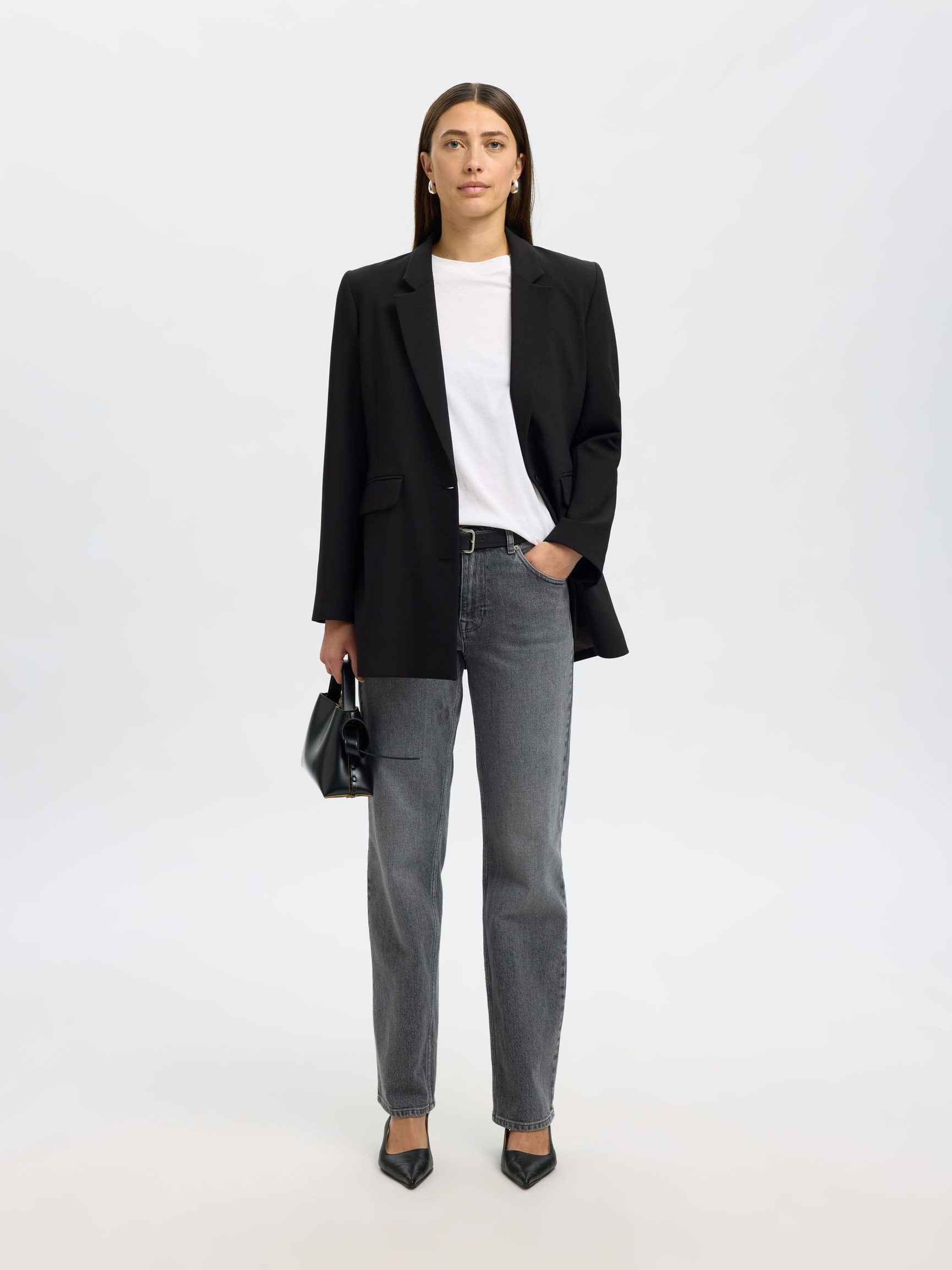 LÅNG RELAXED FIT ENKELKNÄPPT KAVAJ, Black, highres
