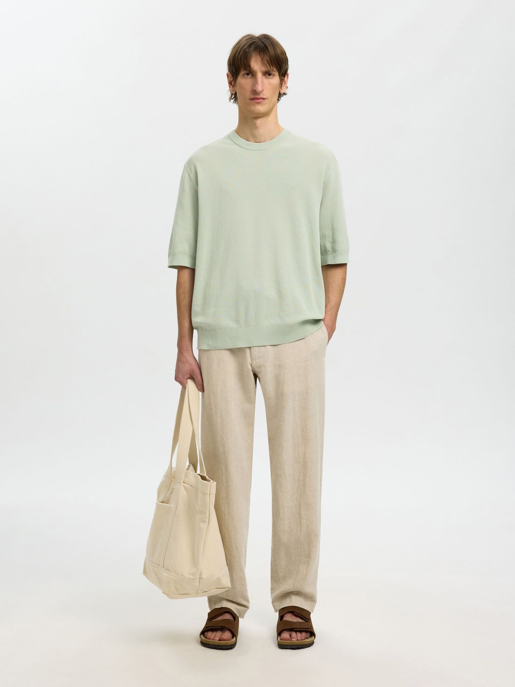 KNITTED COTTON T-SHIRT, Aqua Gray, highres