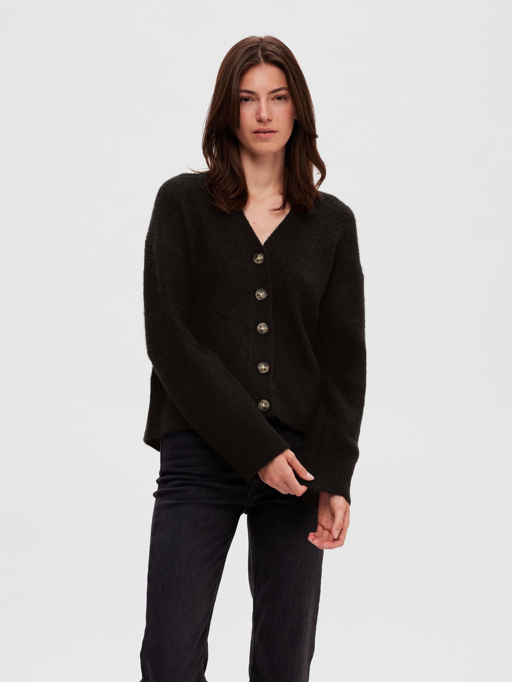 RELAXED FIT WOLLGEMISCH STRICKJACKE, Black, highres