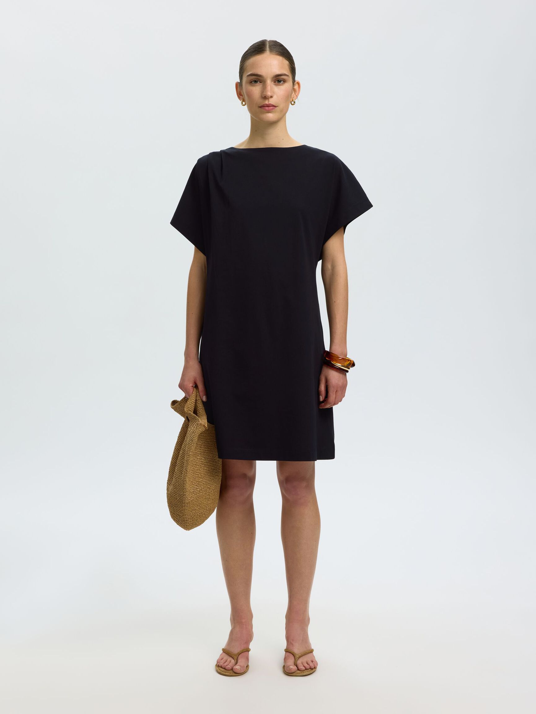 COTTON SHORT SLEEVED MINI DRESS, Black, highres