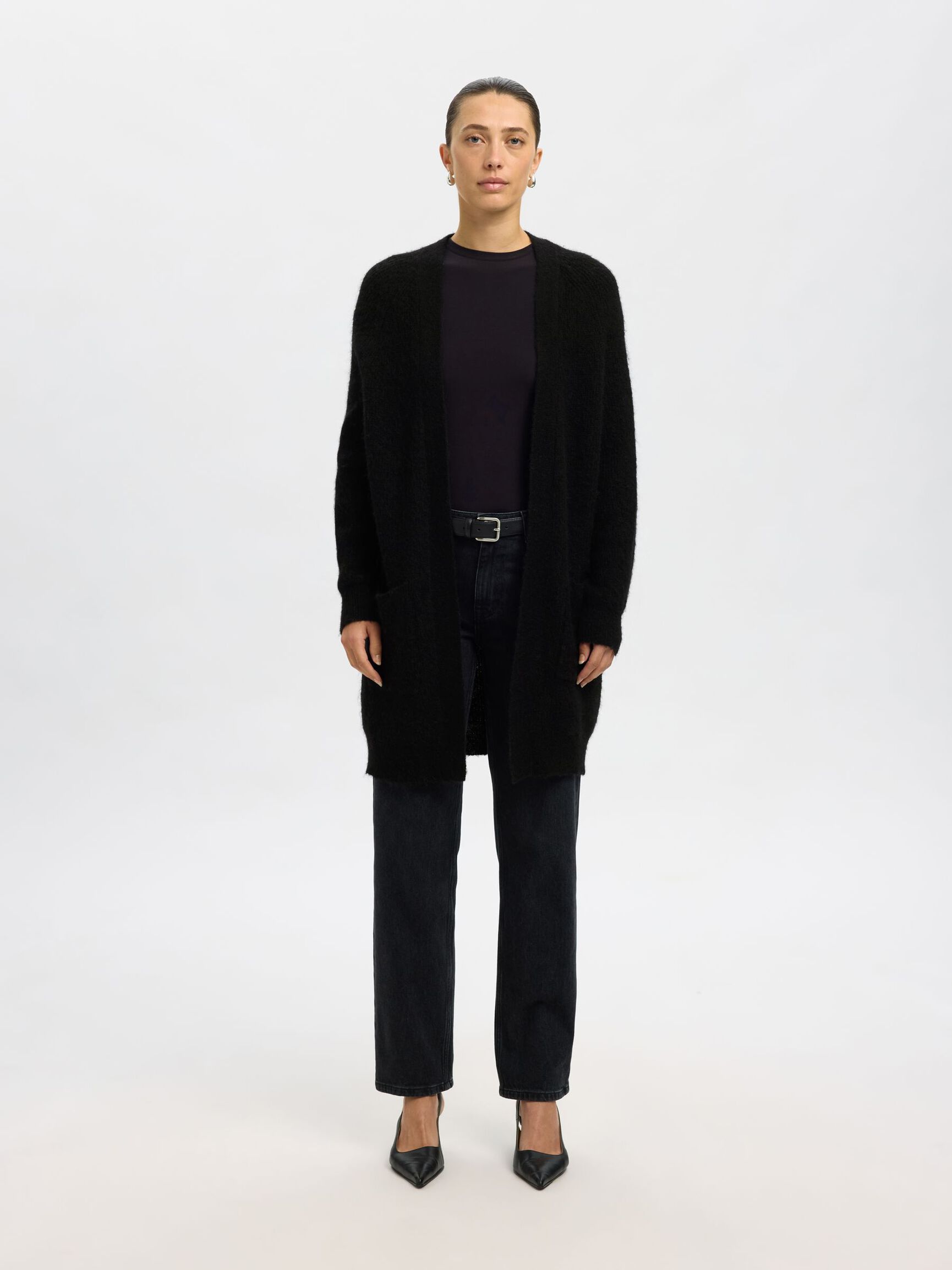 LONG KNITTED CARDIGAN, Black, highres