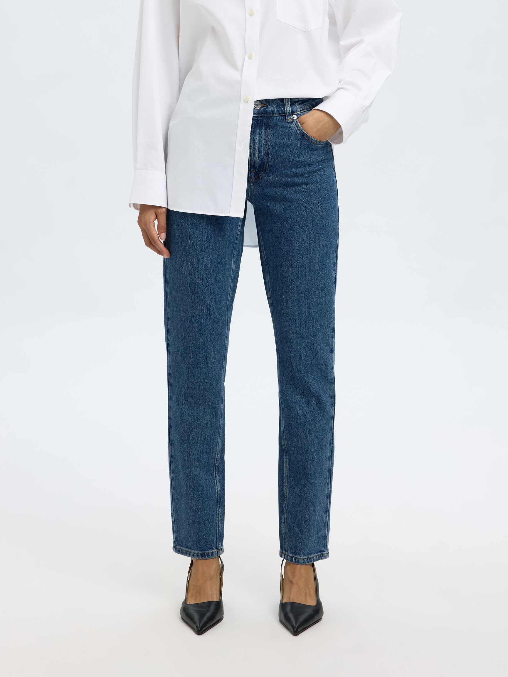 MID WAIST SLIM JEANS MED TAPERED FIT, Medium Blue Denim, highres