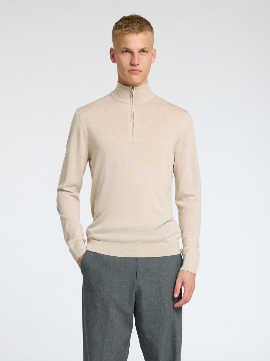 Selected 100% MERINO WOOL HALF-ZIP JUMPER, Oatmeal, highres - 16094655_Oatmeal_1151276_003.jpg