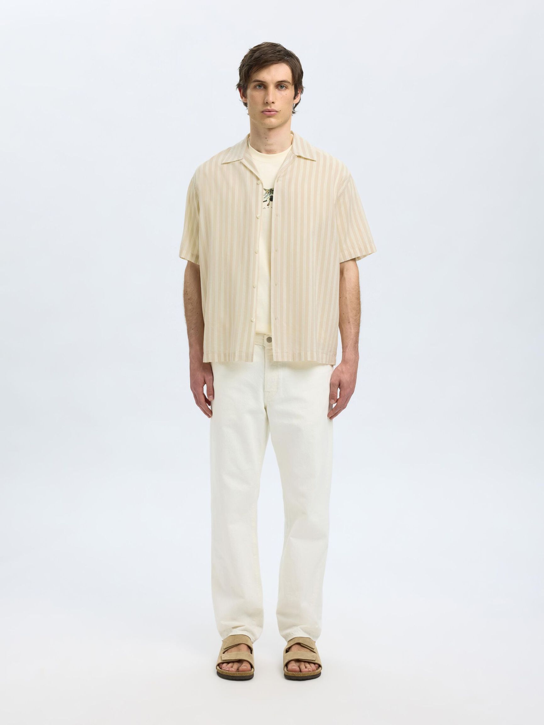 TRYCKTA KORTÄRMAD SKJORTA, Oatmeal, highres