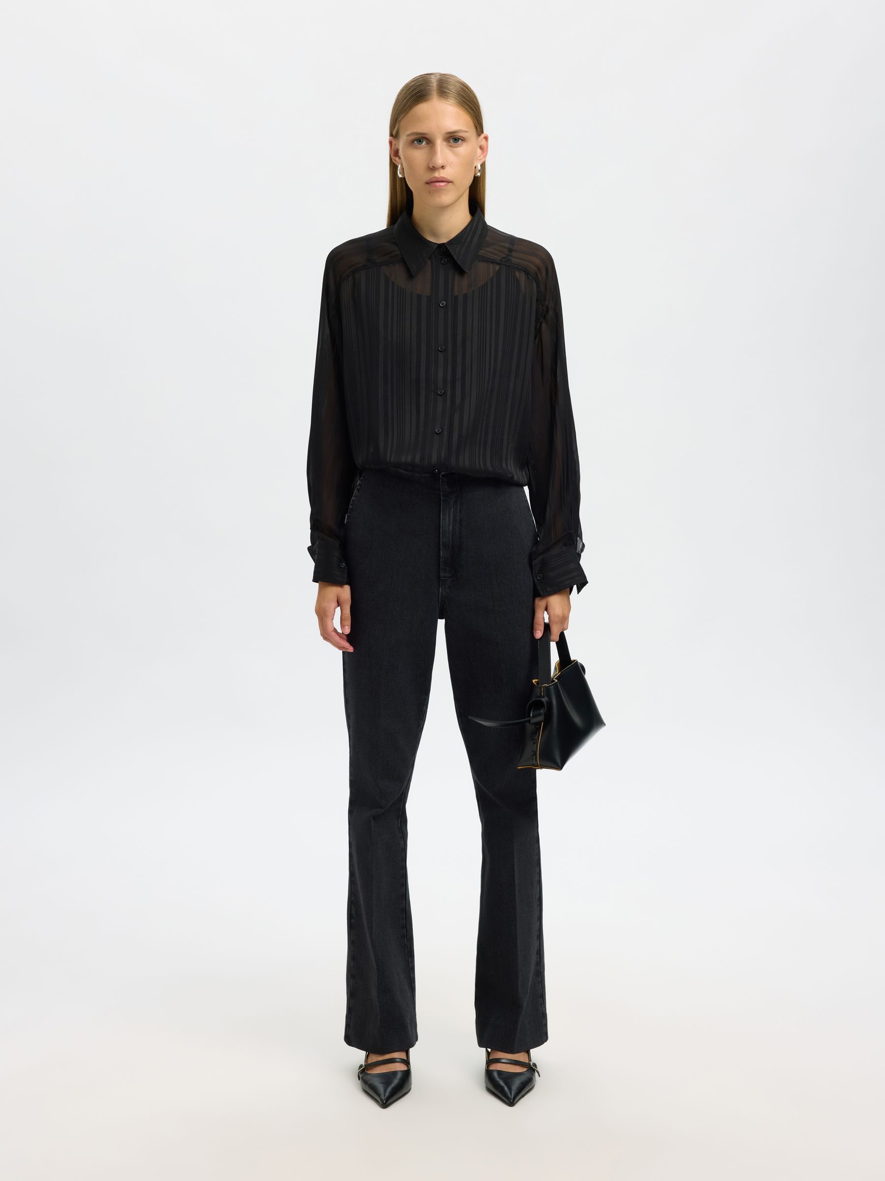 DOORSCHIJNENDE OVERHEMD MET LANGE MOUWEN, Black, highres