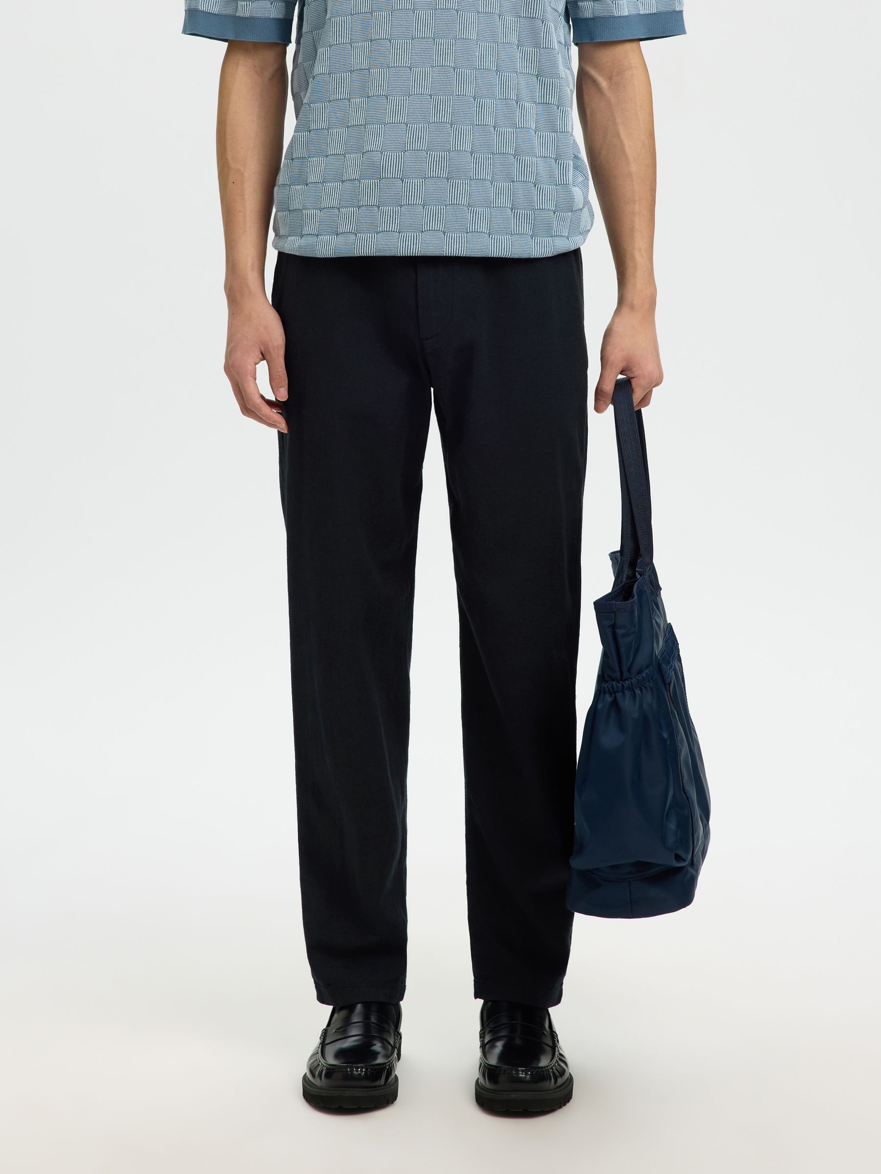 SLIM TAPERED LINEN BLEND TROUSERS, Black, highres