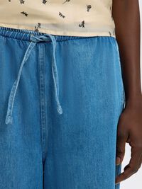 COTTON BLEND WIDE-LEG TROUSERS, Medium Blue Denim, highres