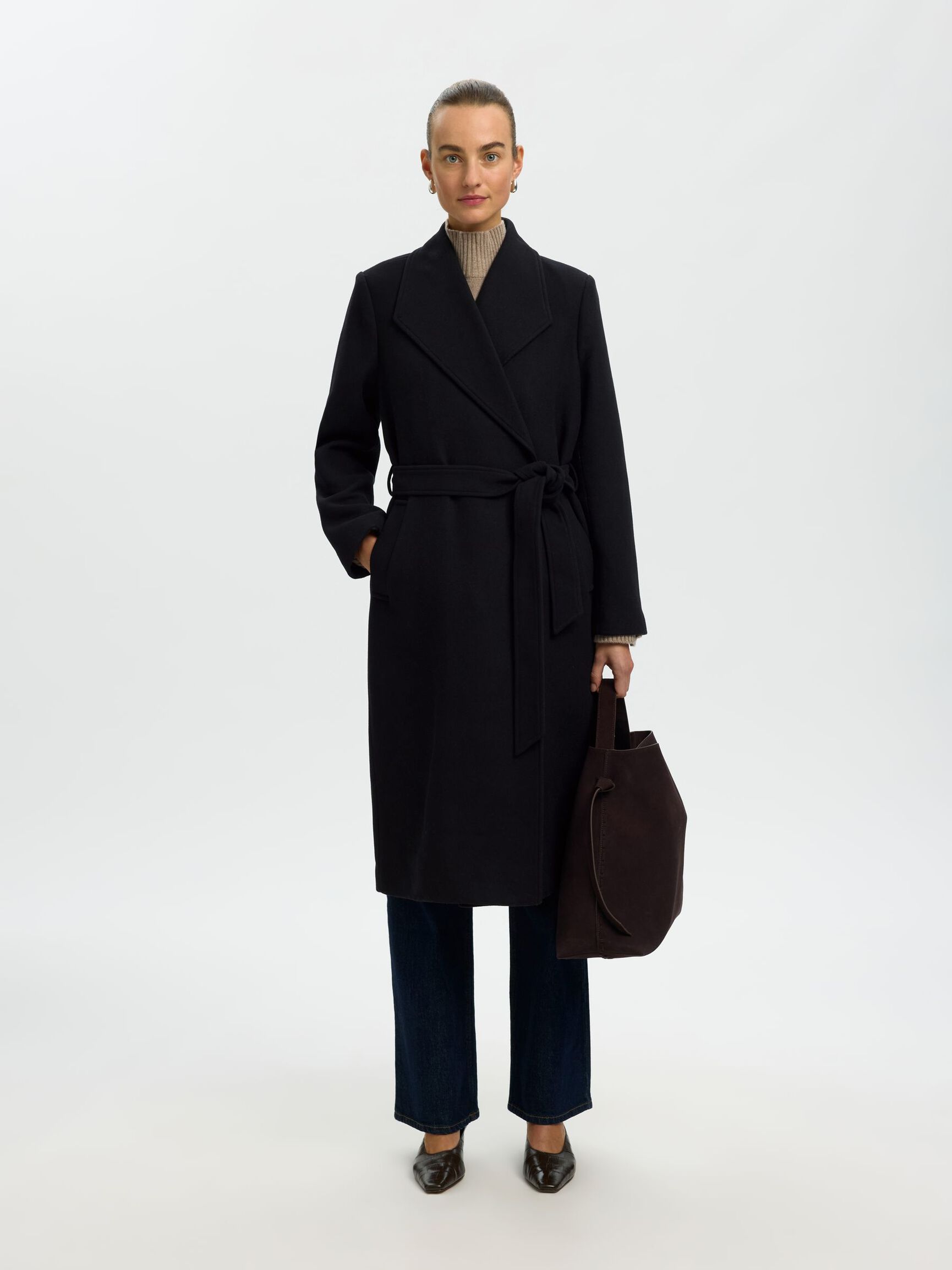 WOOL BLEND LONG COAT, Black, highres