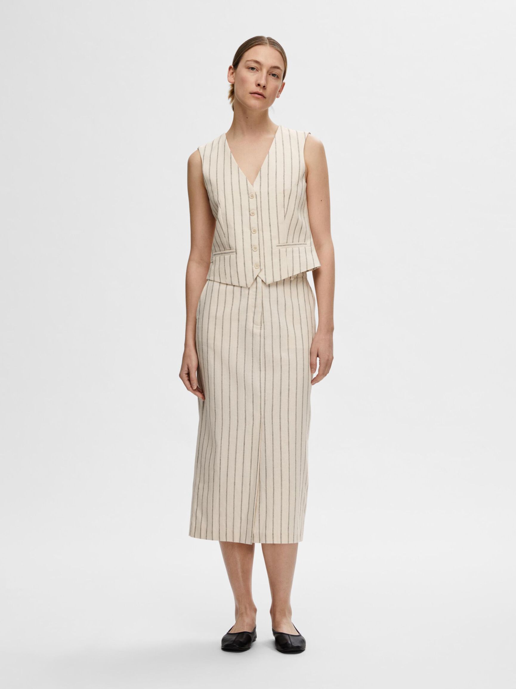 PINSTRIPE MIDI SKIRT, Sandshell, highres