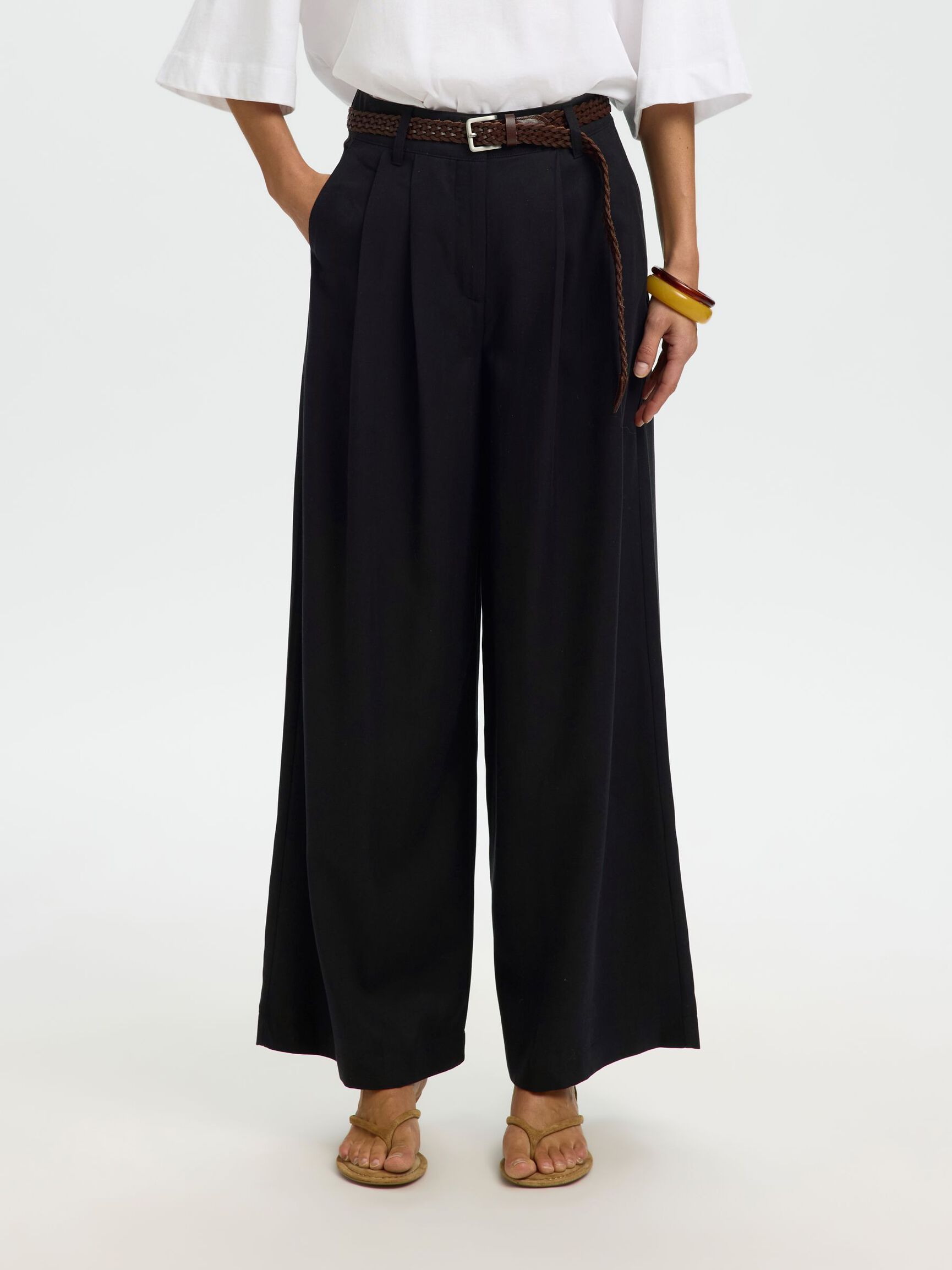 PLEATED WIDE-LEG TROUSERS, Black, highres