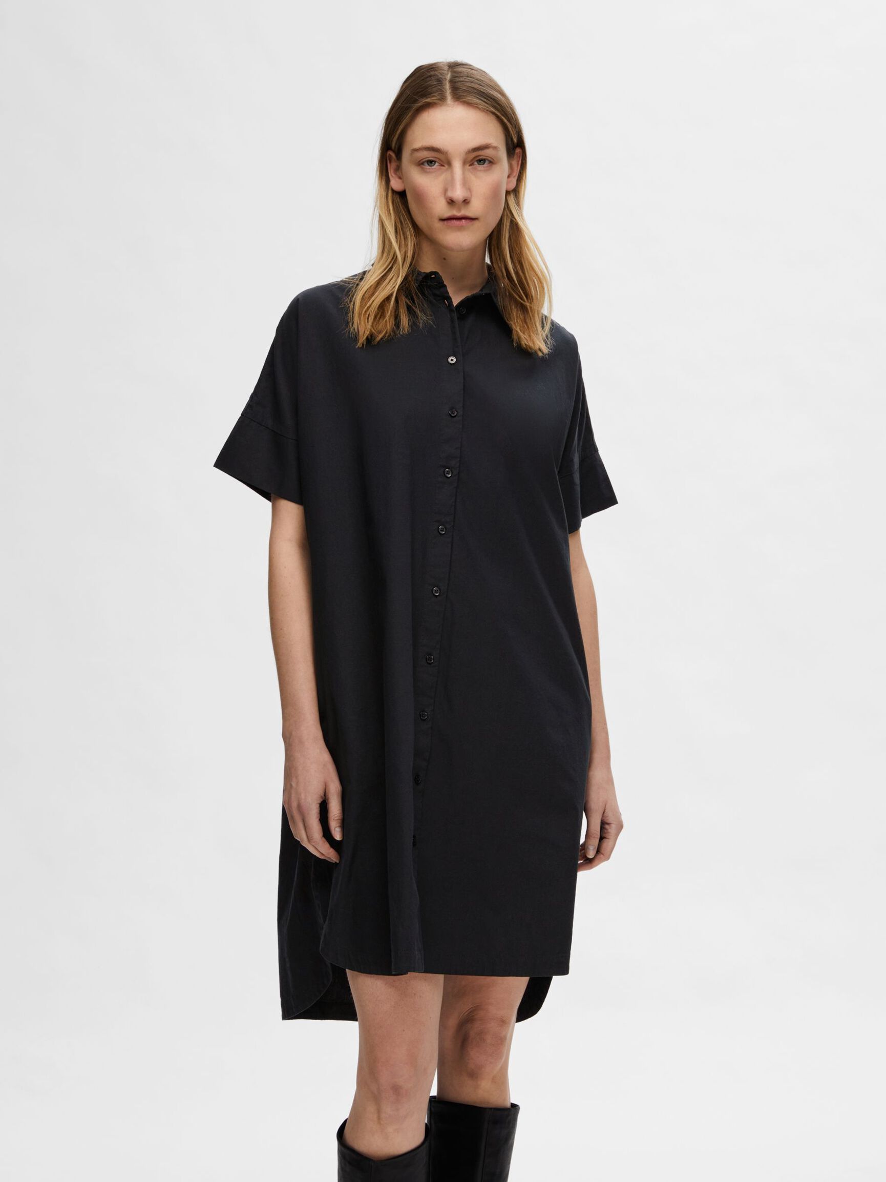 COTTON SHIRT DRESS, Black, highres